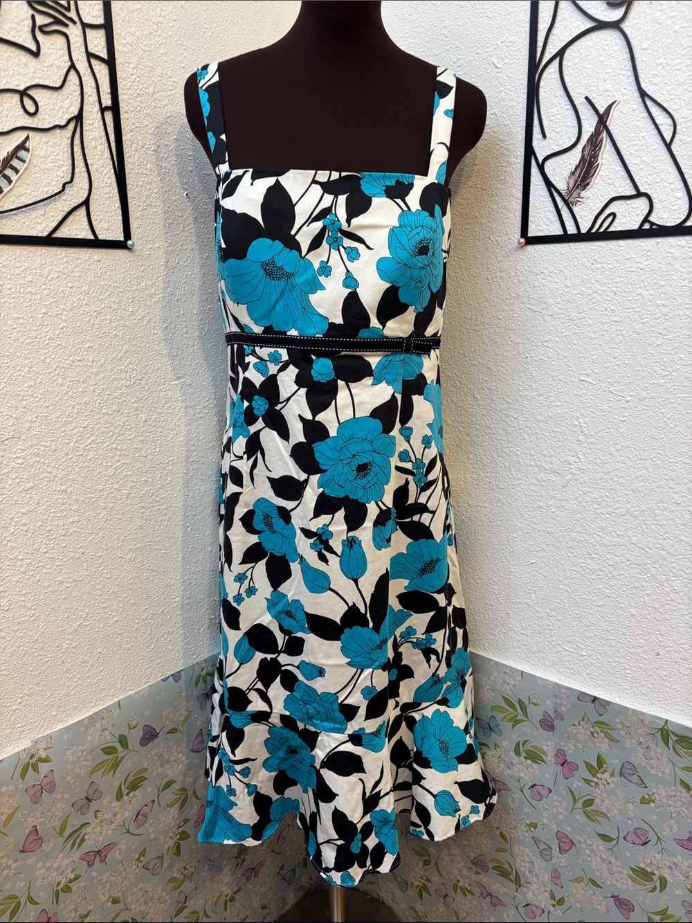 Kim Rogers blue floral square neck sleeveless sundress. Size 16.